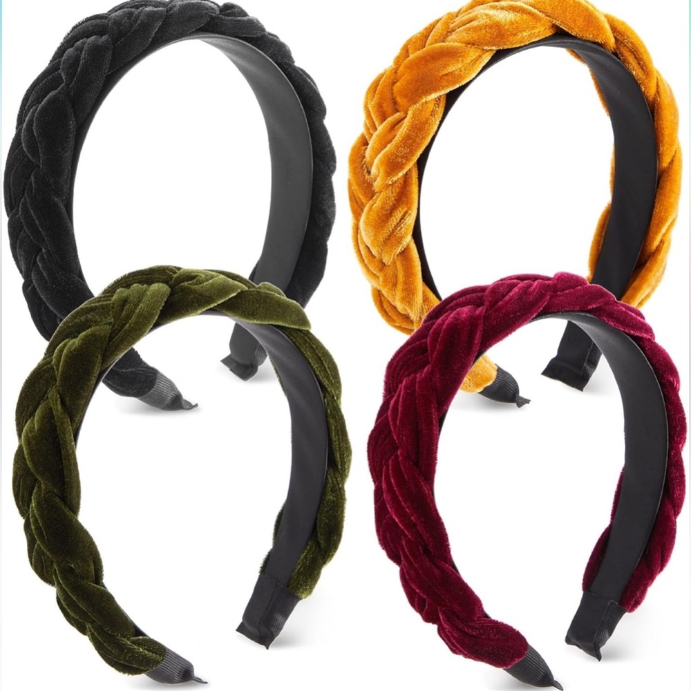 Velvet Braided Headband Set - Black, Gold, Green, Burgundy